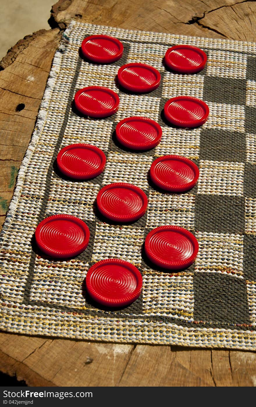 Checker game spread on an old log.