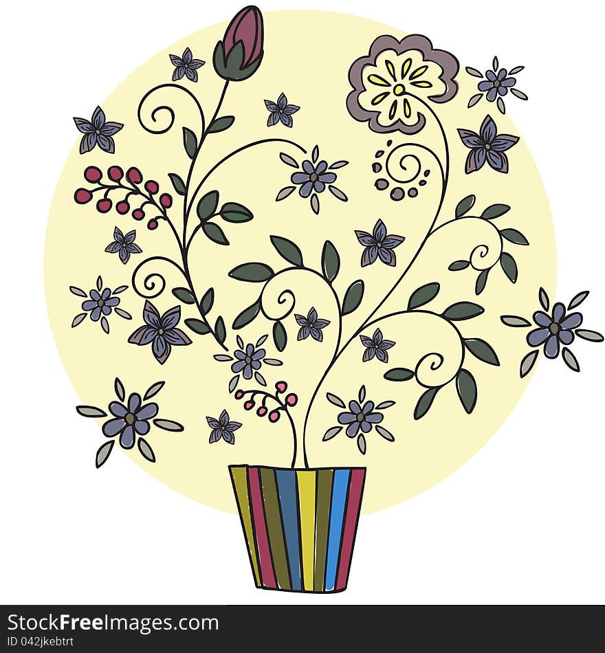 Beautiful stylized plant with flowers and berries in a flower pot. Beautiful stylized plant with flowers and berries in a flower pot