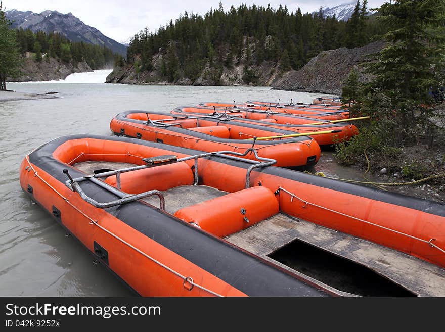 Boats on the Bow River in Banff. Alberta. Canada