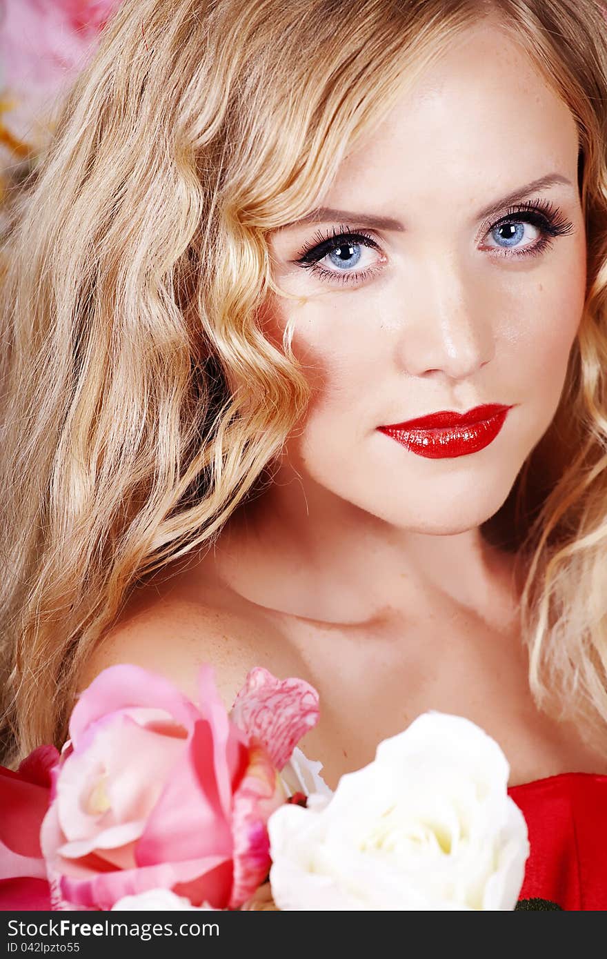 Beautiful Young Lady Wearing Red Rose Dress