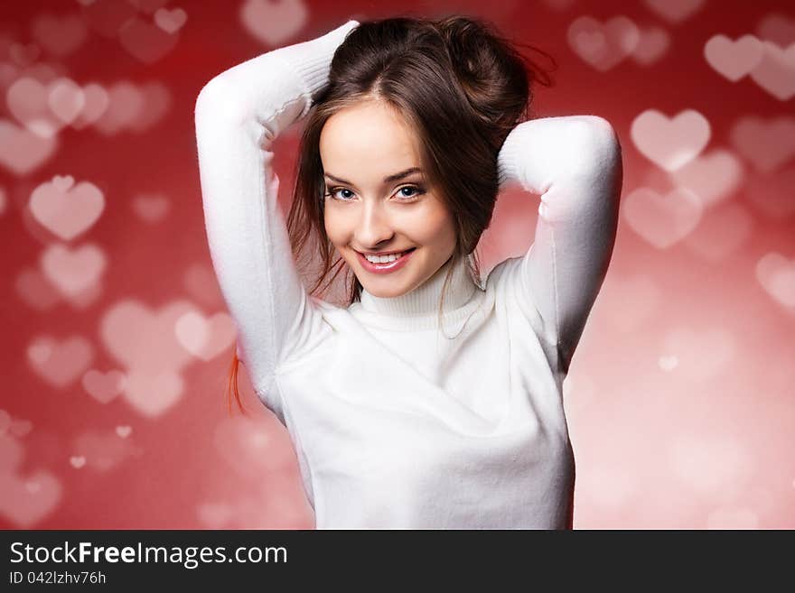 Photo of beautiful woman with red hearts. Photo of beautiful woman with red hearts