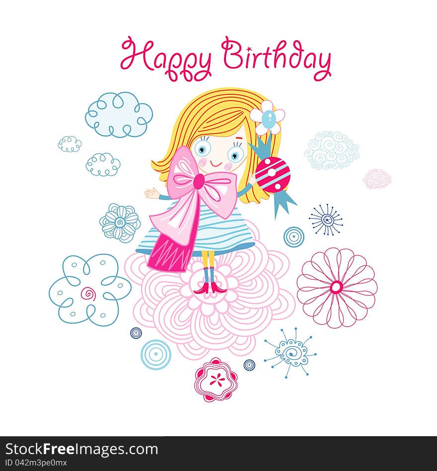 Bright greeting card with a funny little girl in floral backgroundrn. Bright greeting card with a funny little girl in floral backgroundrn