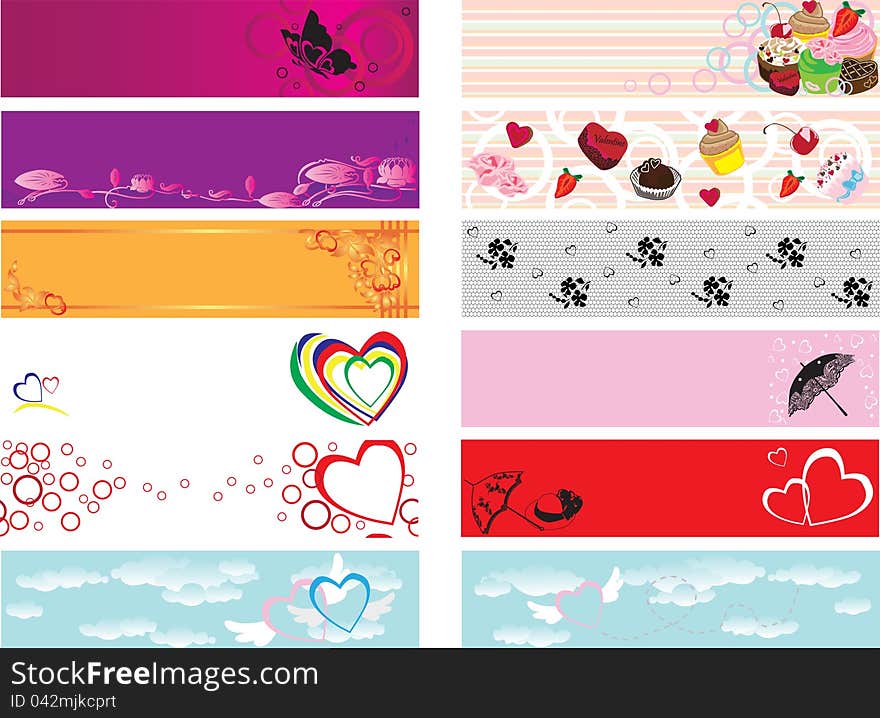 12 seamless banners with the theme of Valentine's Day, love. 12 seamless banners with the theme of Valentine's Day, love