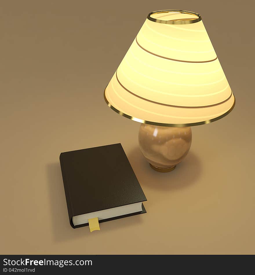 Nameless book near lighting table lamp. 3d render. Nameless book near lighting table lamp. 3d render.