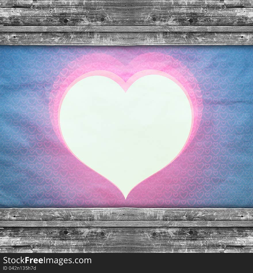 It is an old paper with heart, the gentle tones, framed with wooden boards. A background in style retro.