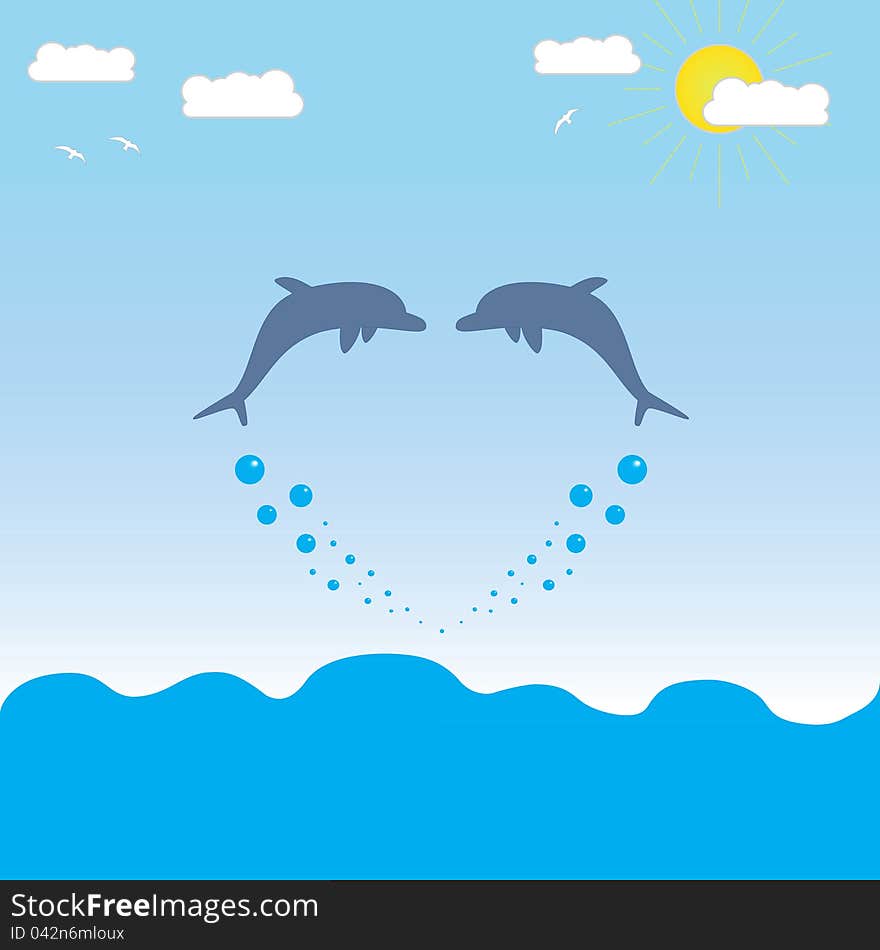 Illustration - Dolphins jumping out of the water form a figure similar to the heart. Illustration - Dolphins jumping out of the water form a figure similar to the heart