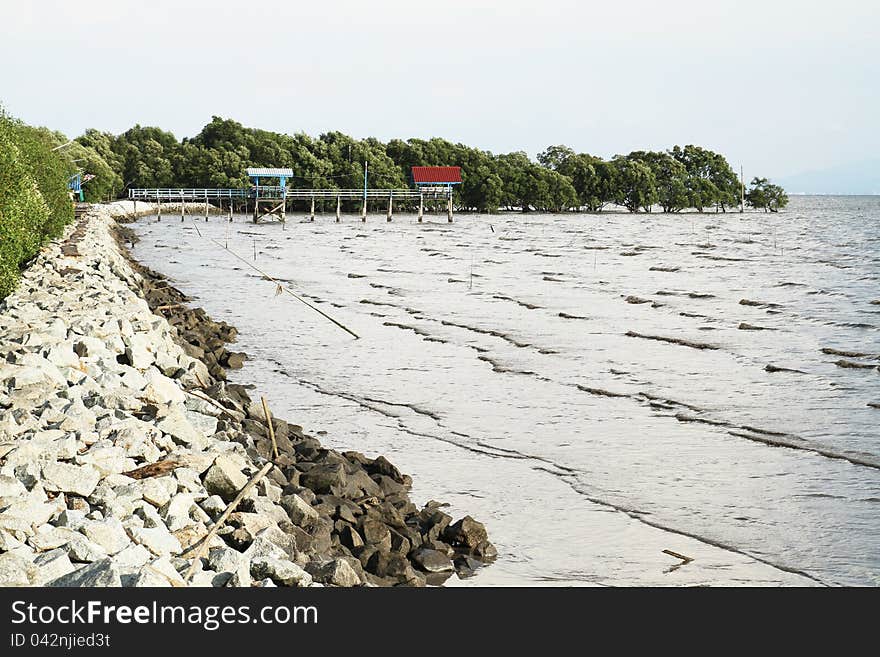 Stone dam at mangrove conservation center in Thailand. Stone dam at mangrove conservation center in Thailand