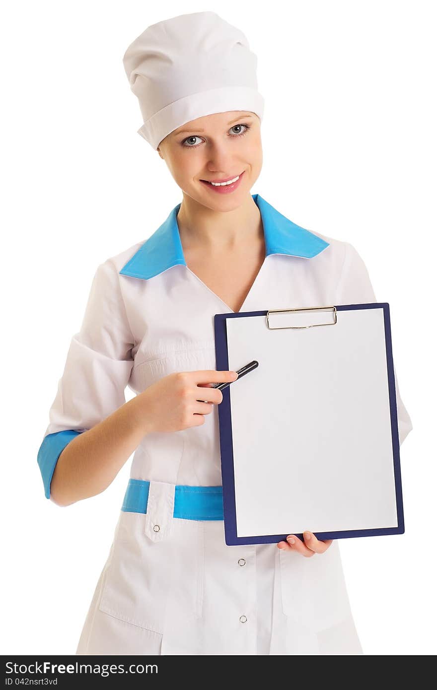 Woman doctor with an advertising tablet on a white background