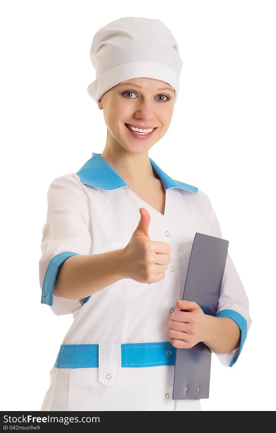 Happy smiling female young doctor with thumb up gesture, isolated on white background. Happy smiling female young doctor with thumb up gesture, isolated on white background