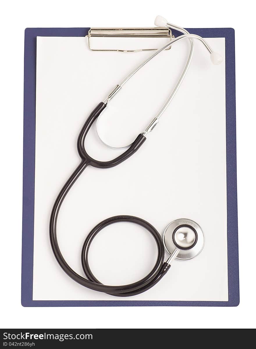 Worksheet with blank paper and stethoscope, isolated on white background