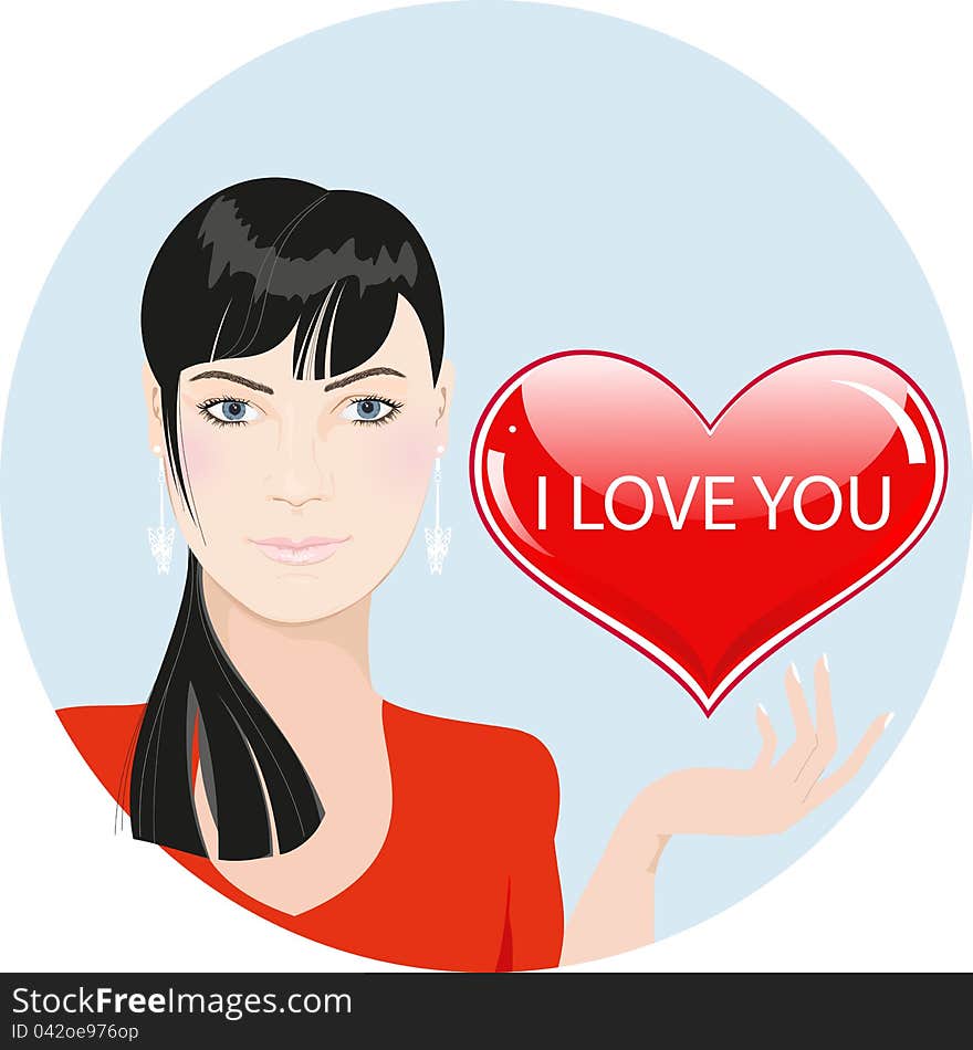 Girl with red heart: valentines day illustration on a blue round background