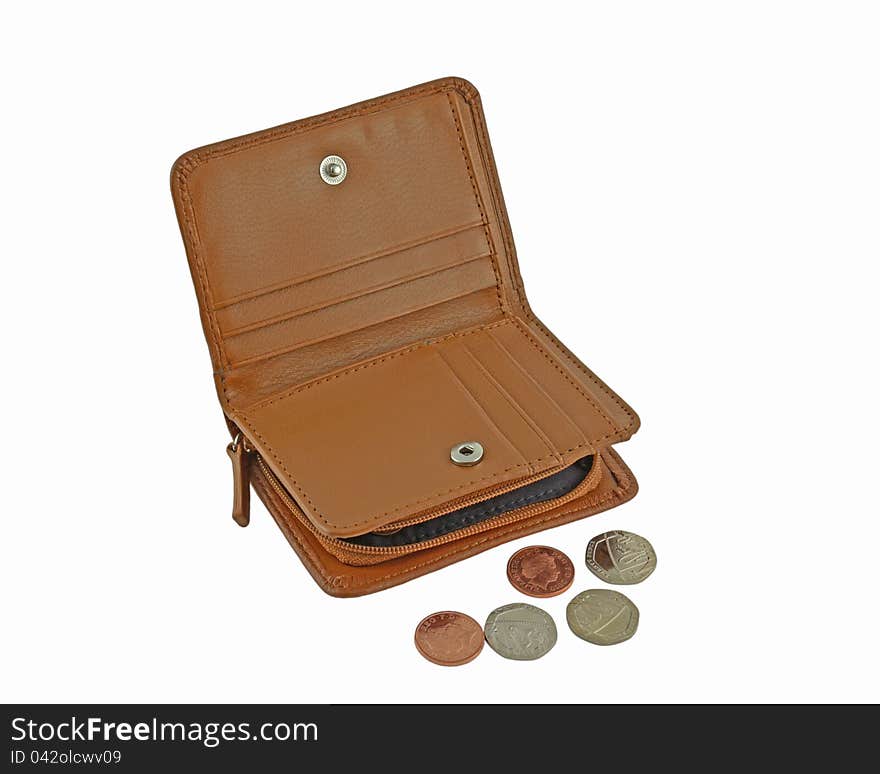 Brown purse or wallet with coins on white background. Brown purse or wallet with coins on white background