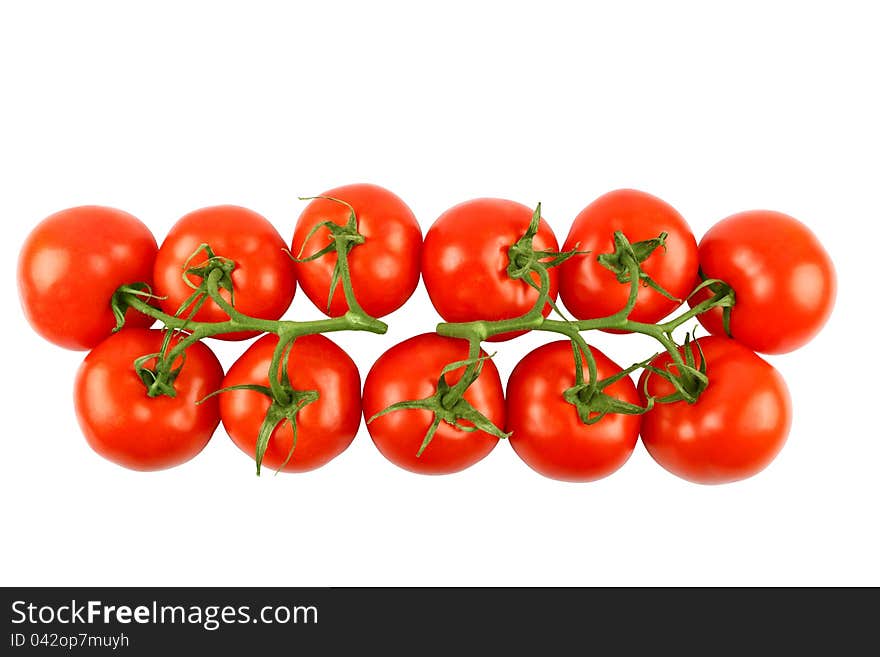 Two branches of fresh tomatoes on white background. Clipping path included.