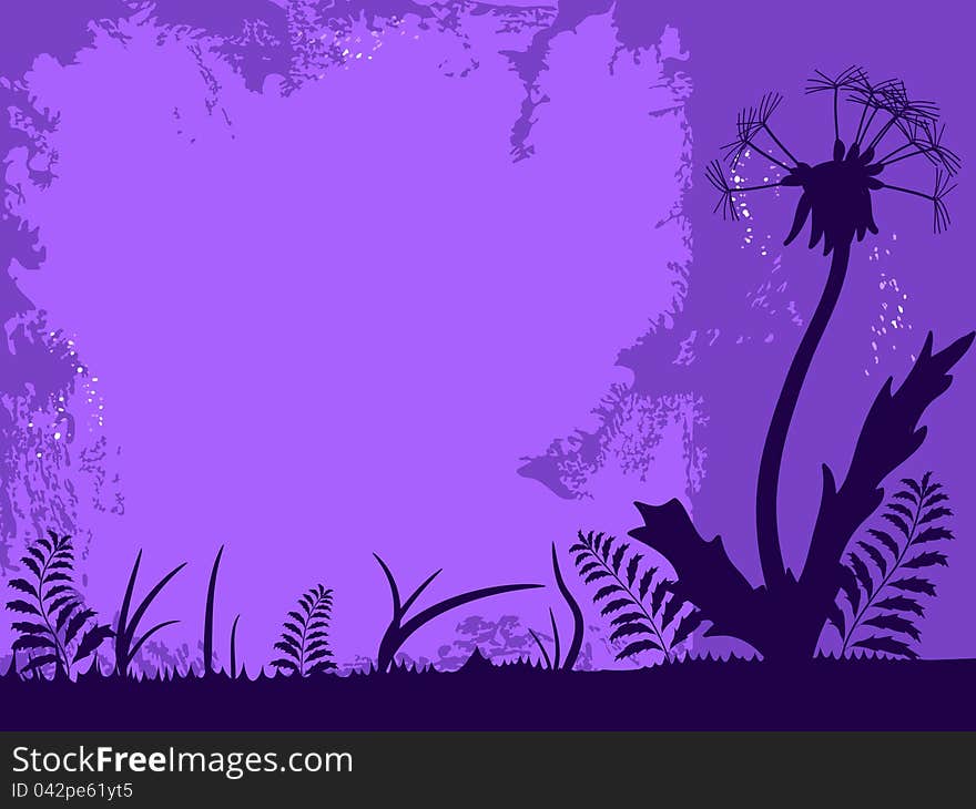 Violet grunge frame with silhouettes of dandelion and grass. Violet grunge frame with silhouettes of dandelion and grass