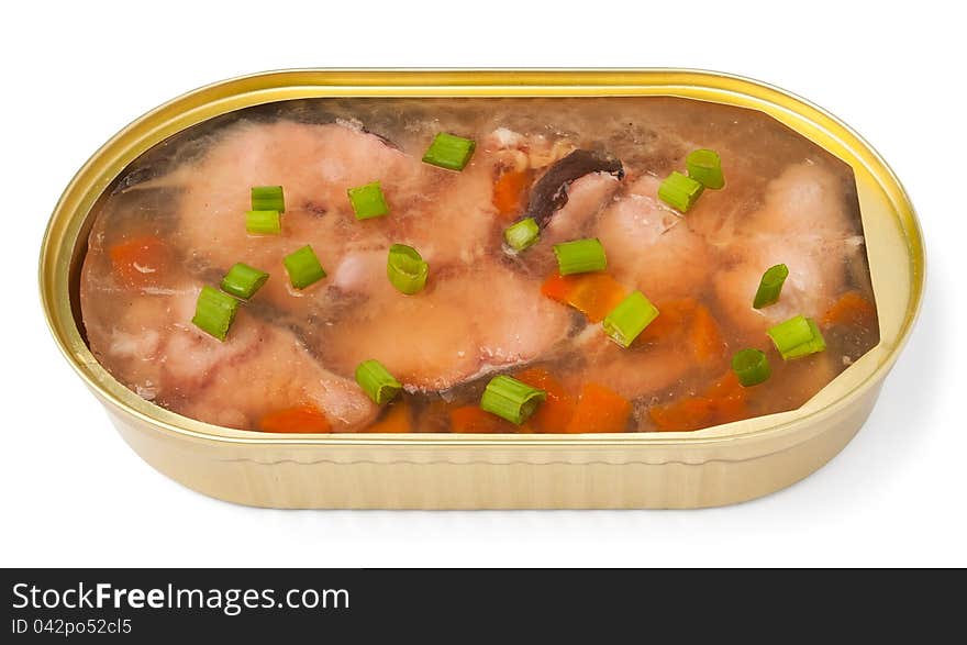 Catfish in aspic in an open preserves can