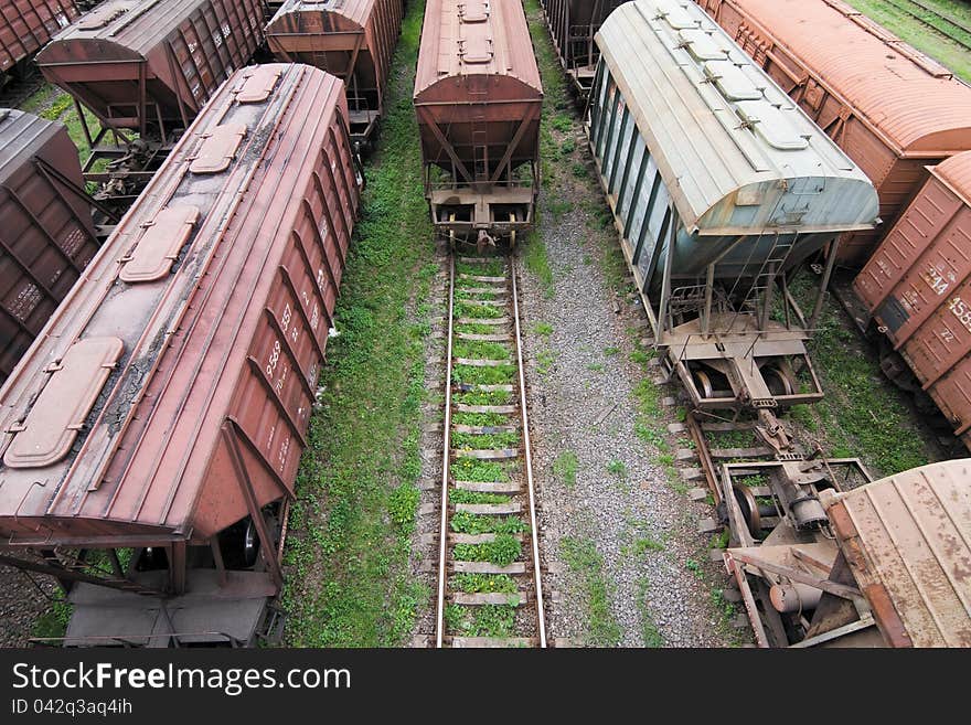 Freight Station with many old wagons of Soviet Union