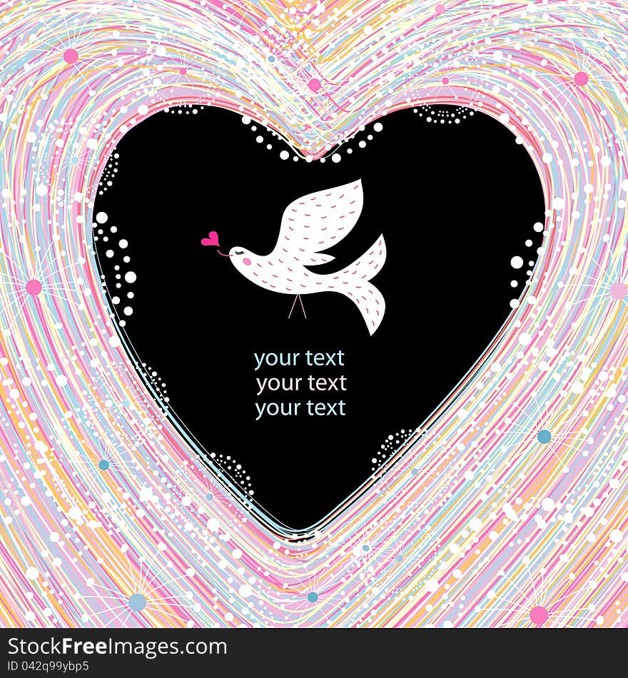 Graphic decorative background with heart and love birdrn