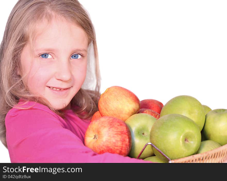 Girl holding basket of fresh apples, sweet helpful. Girl holding basket of fresh apples, sweet helpful