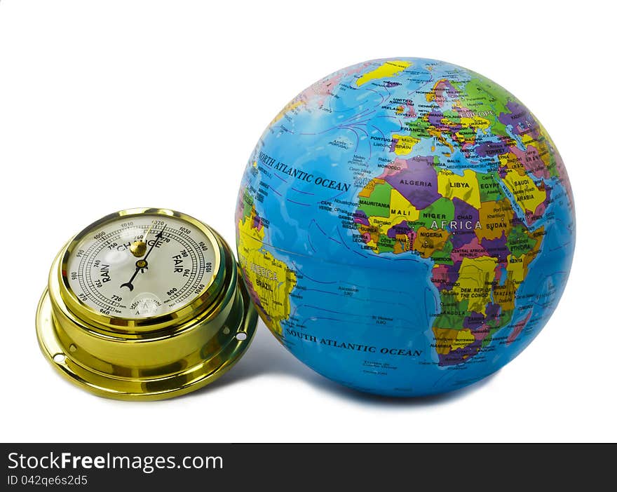 Barometer and globe are instruments for geographic and weather studies. Barometer and globe are instruments for geographic and weather studies