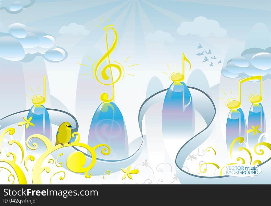 Abstract music background bird notes rock clowds