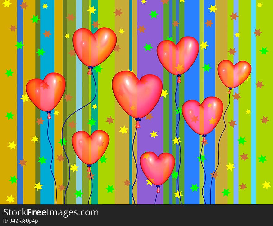 A colorful three dimensionally rendered illustration of balloon shaped hearts. A colorful three dimensionally rendered illustration of balloon shaped hearts