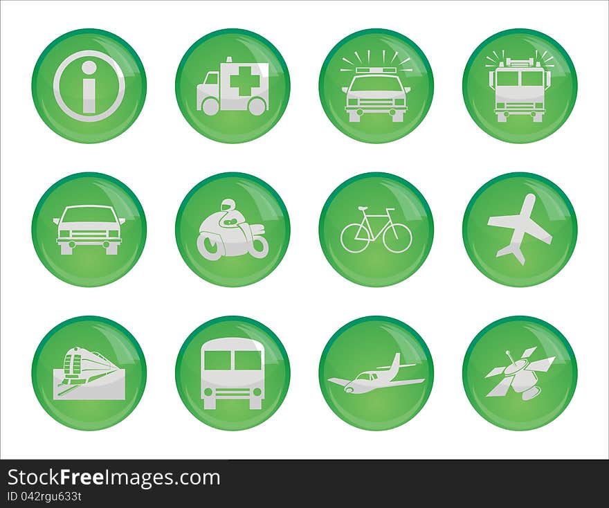 Set of twelve transport green glossy icons