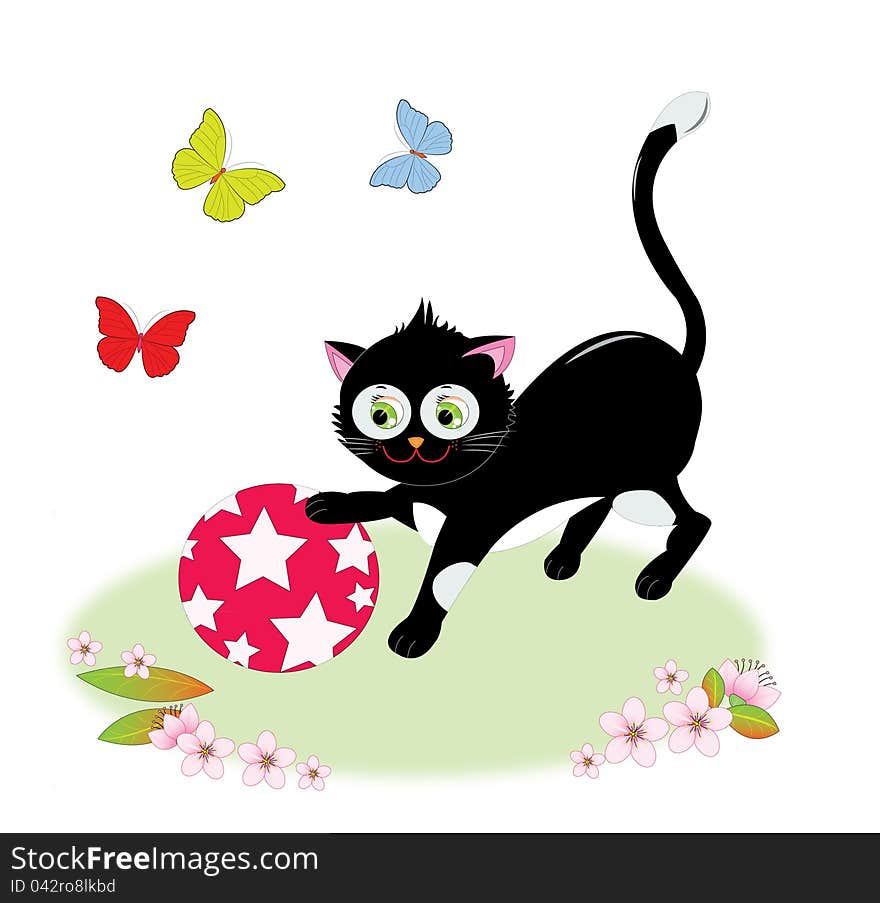 A cat playing with ball in the garden and butterflies flying around. A cat playing with ball in the garden and butterflies flying around.