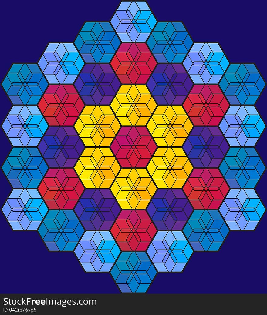 Colorful stained glass mosaic consists of intersecting hexagons