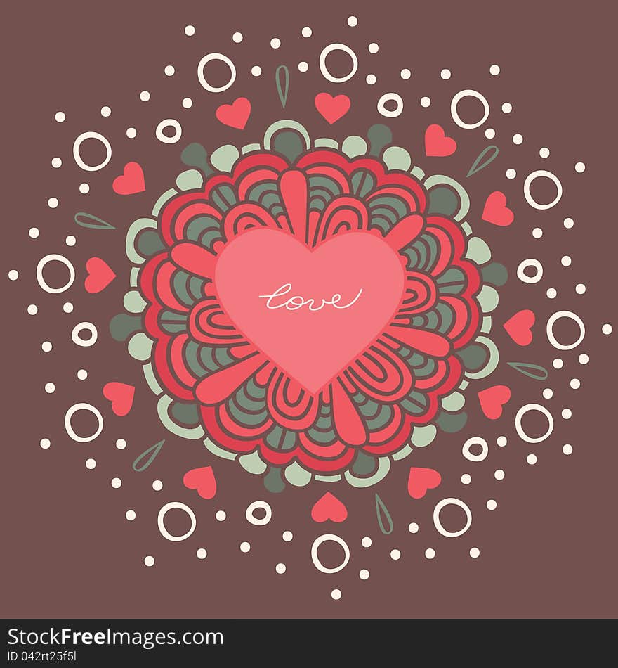 Greeting card, decorative flower with a heart in the middle. Greeting card, decorative flower with a heart in the middle