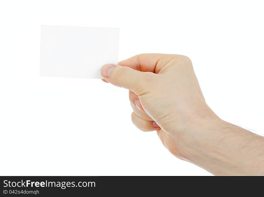 Hand holding empty business card isolated on white