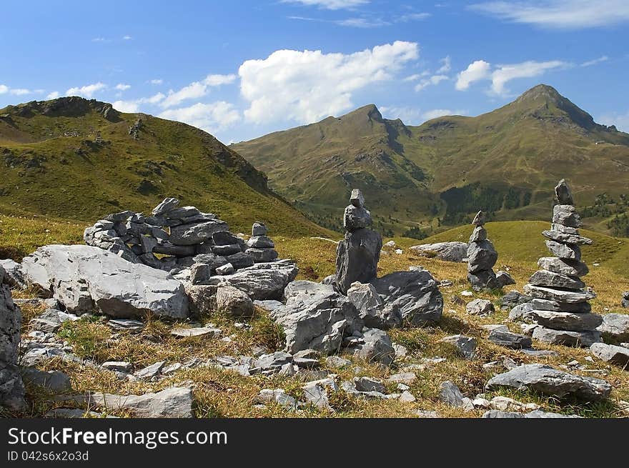 Towers of stones in the Swiss Alps. Towers of stones in the Swiss Alps