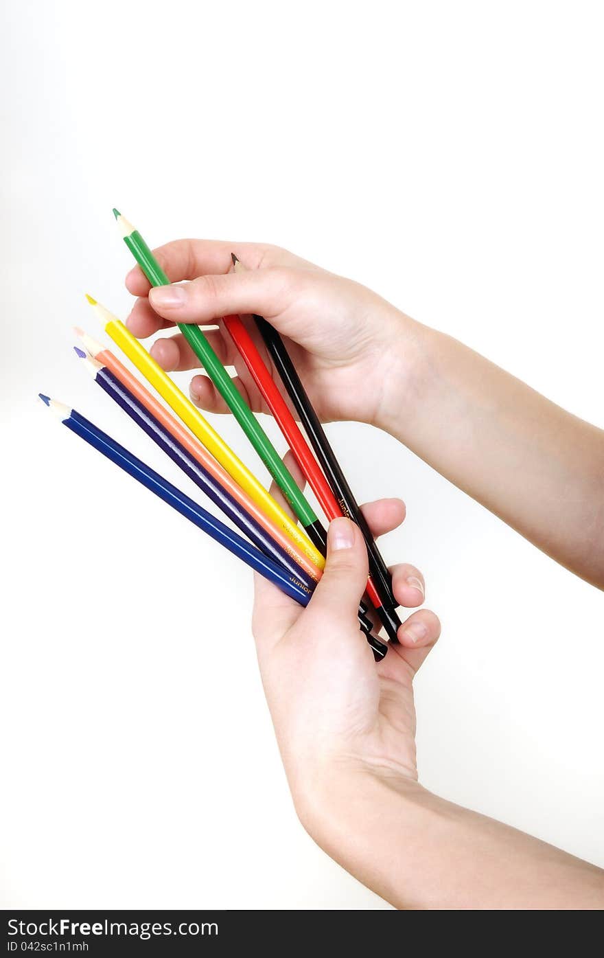 Colored pencils in the hands of girls isolated on white