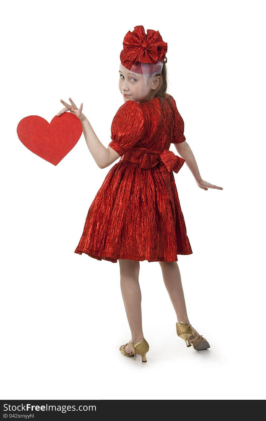 Small playful girl standing with heart in her hands, symbolizing love. Small playful girl standing with heart in her hands, symbolizing love