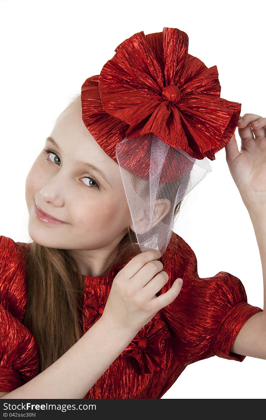 Fan little girl smiling. Isolated white.