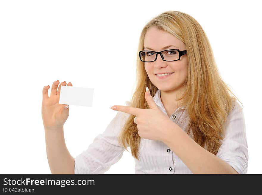 Young woman holding empty white board. On a white background