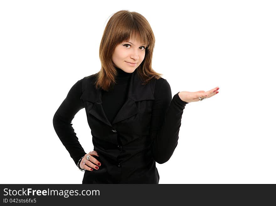 Business woman presenting something imaginary over white. Business woman presenting something imaginary over white