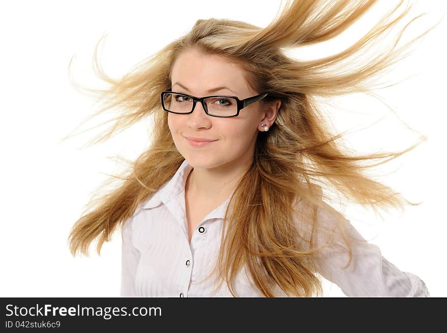 Girl with hair fluttering in the wind