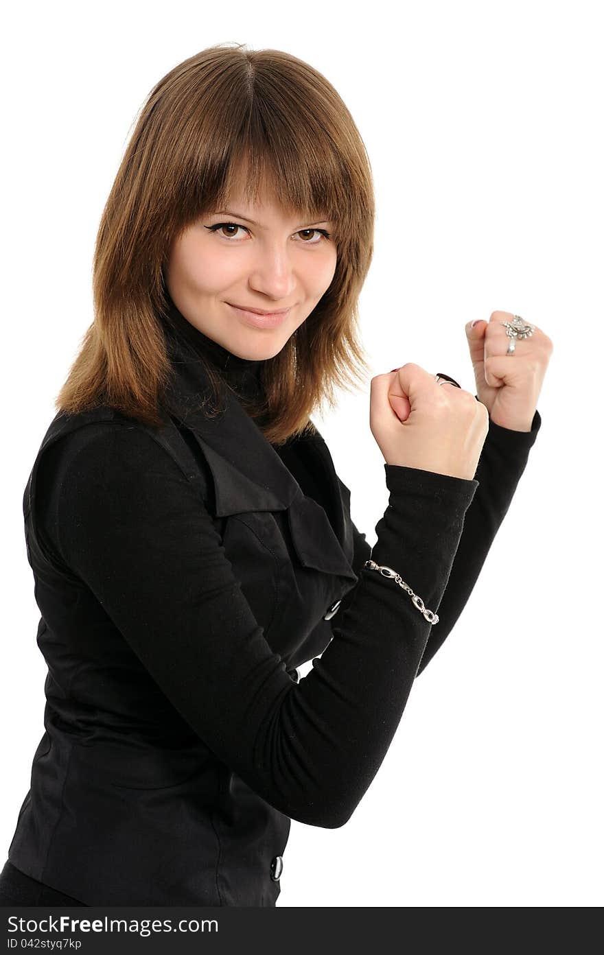 Happy young woman celebrating on a white. Happy young woman celebrating on a white