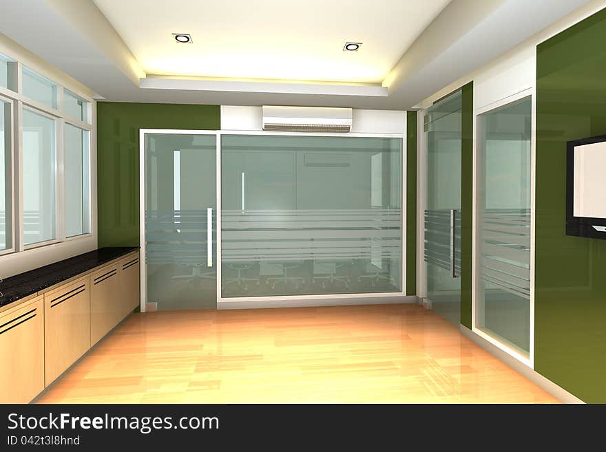 Empty interior for modern business office with green wall.