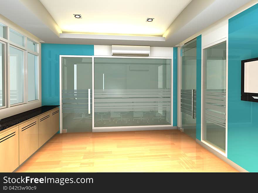 Empty interior for modern business office with blue wall.