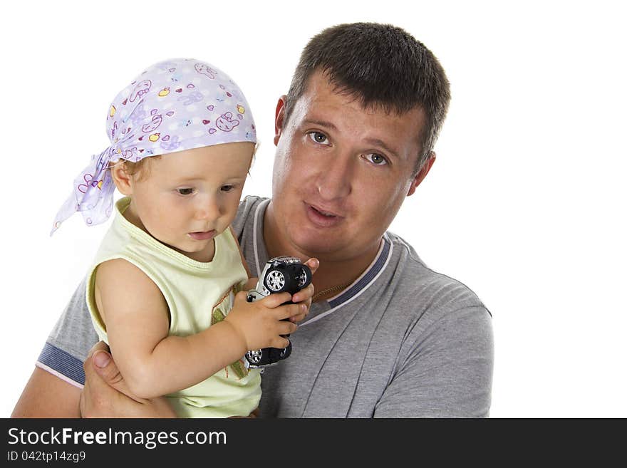 Father and son cheerfully talk. On a white background. Father and son cheerfully talk. On a white background.