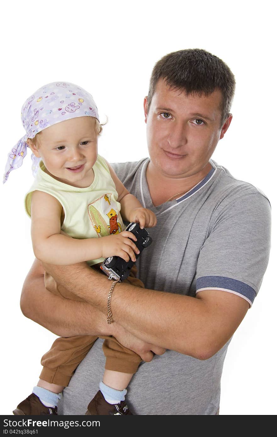 Father and son cheerfully talk. On a white background. Father and son cheerfully talk. On a white background.