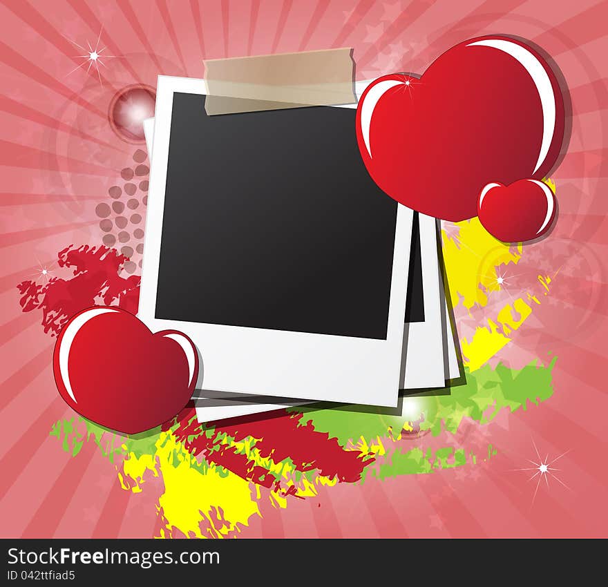 Valentine Day's card with hearts, instant photos and place for text message. Valentine Day's card with hearts, instant photos and place for text message