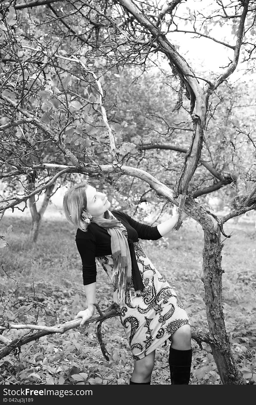 Black&white image of a nice girl near the tree. Black&white image of a nice girl near the tree