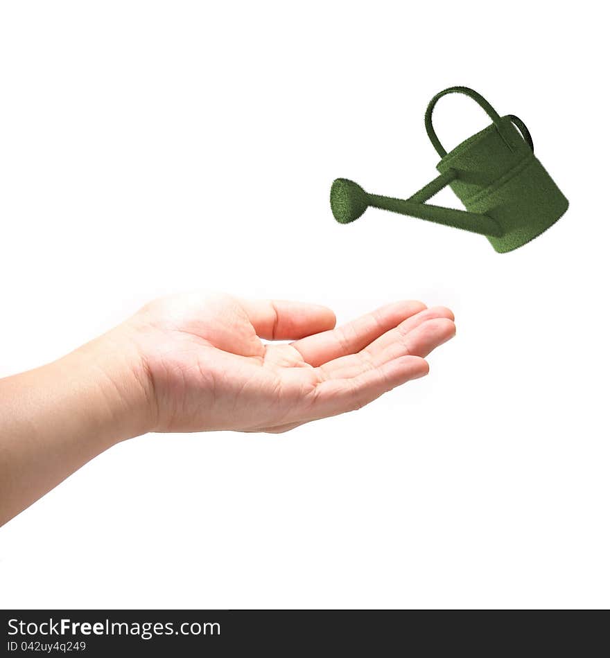 Green Eco watering-can concept with hand isolated on white background. Green Eco watering-can concept with hand isolated on white background.