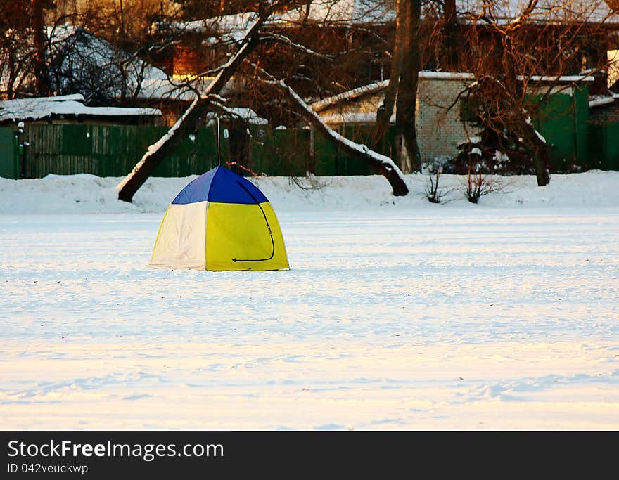 Tent of fisherman on lake in winter. Tent of fisherman on lake in winter