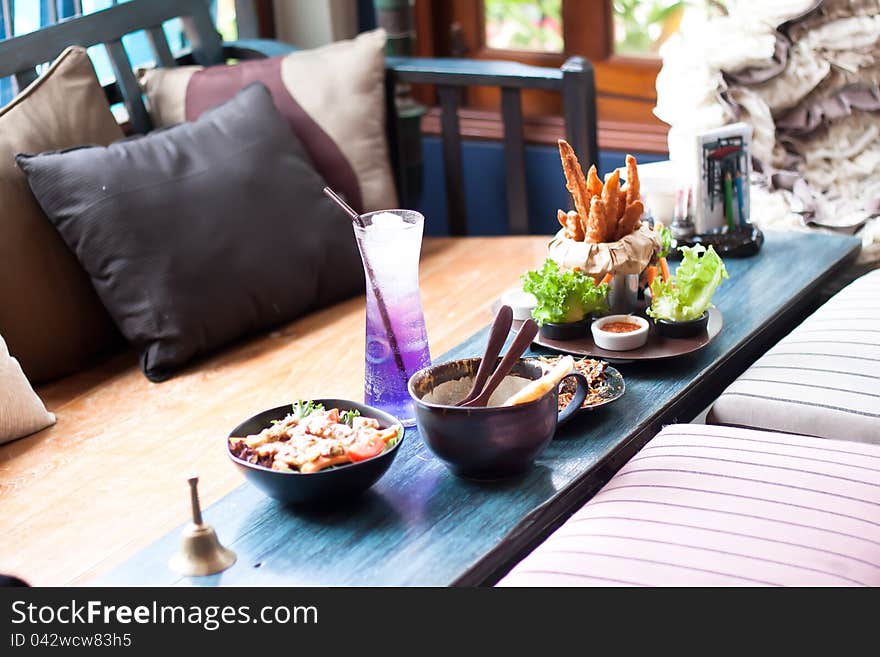 Bowls of lunch menu wth fried potatoes at the restaurant. Bowls of lunch menu wth fried potatoes at the restaurant