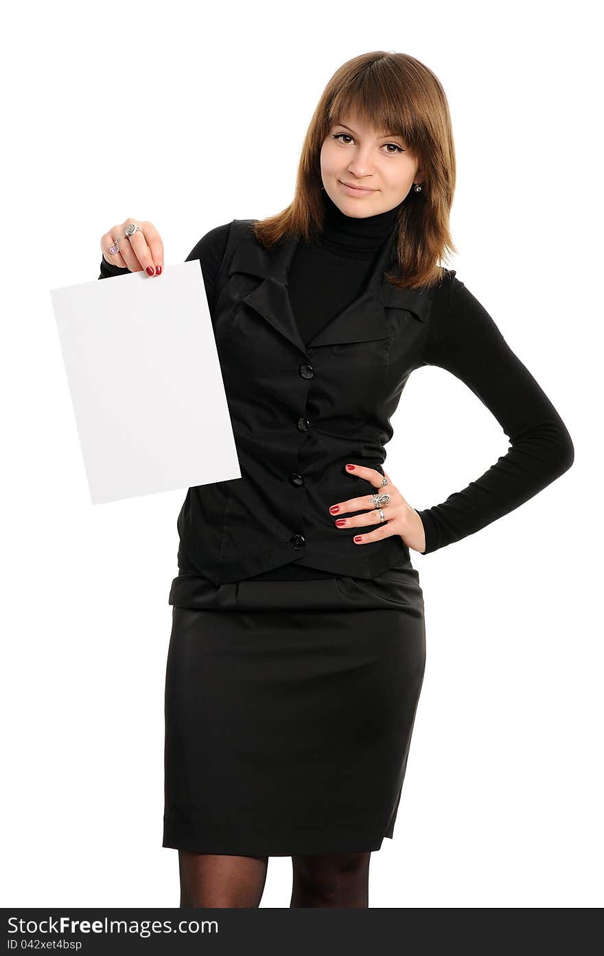 Woman holding empty white board