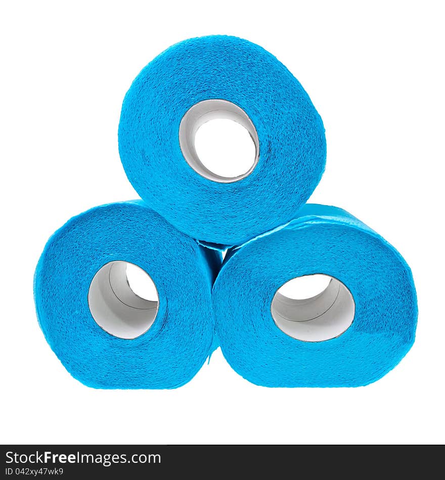 Three Stacked Rolls Of Soft Blue Toilet Paper.