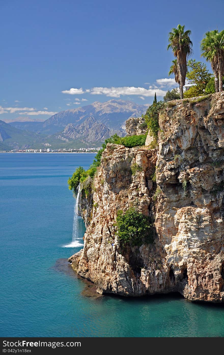 This waterfall timbles into the mediterranean sea near antalya in turkey. This waterfall timbles into the mediterranean sea near antalya in turkey